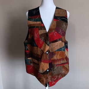 Leather Vintage Retro Western Colorful Patchwork Vest Embroidered Suede, Medium